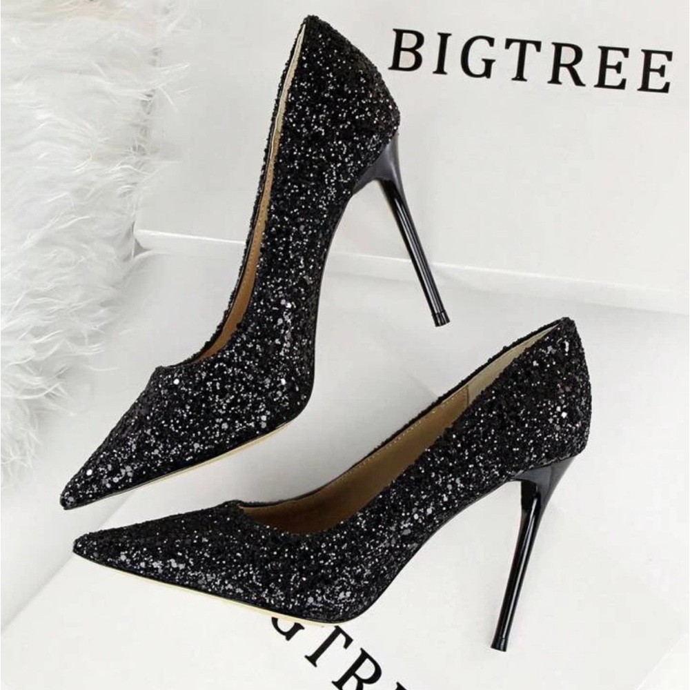 Glitter Point Toe Stiletto Heeled Pumps